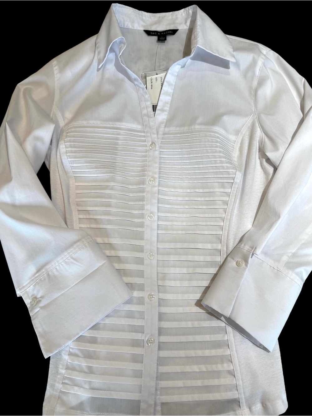 Zac & Rachel Pleated Front Button White Blouse Womens Lg Comfort Fit Side Panels